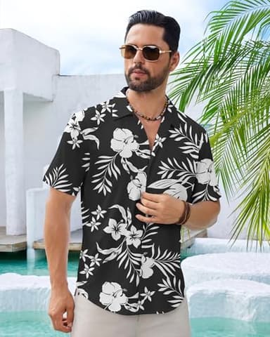 BOJIN Men's Hawaiian Wrinkle Free Short Sleeve Button Down Tropical Floral Beach Vacation Shirt BJ066 White Flower Black 1X - Image 3