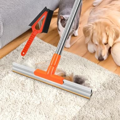 Ajimy ‌Upgrade-Carpet Rake for Pet Hair Removal 62'' Adjustable Long Handle Dog/Cat Hair Carpet Rake,Carpet Scraper for Rug Stairs Couch Furniture (Orange) - Image 1