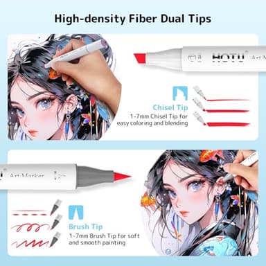 HOTU Alcohol Markers Brush Tip -60 Virant Colors Daul Tips Art Markers Set, for Artist Adults Coloring Illustrations, with Seamless Blending, Colorless Blender, Anti-Bleeding Pad, &Premium Ink - Image 3
