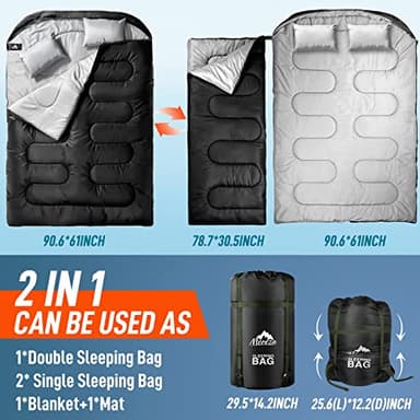 MEREZA Double Sleeping Bag for Adults Mens with Pillow, XL Queen Size Two Person Sleeping Bag for All Season Camping Hiking Backpacking for Cold Weather & Warm Black - Image 5