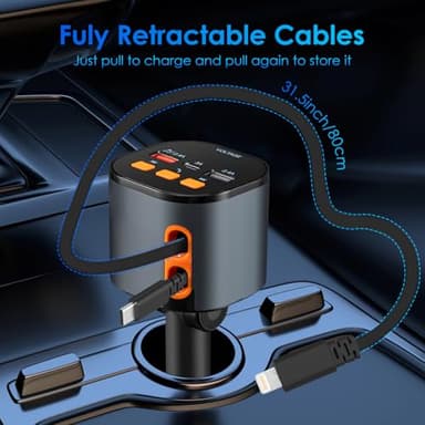 Retractable Car Charger,5 in 1 Fast Cars Phone Charger 90W,Bluetooth 5.3 FM Transmitter Adapter,Handsfree Call,2 Retractable Cables and USB Chargers for iPhone17/16 15/14/13 - Image 6