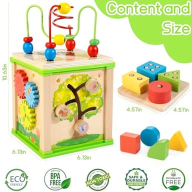 Wooden 7-in-1 Activity Cube| Montessori Toys for 1 2 3 Year Old Toddlers| Baby Educational Developmental Toys |One Year Old Boys Girls First Birthday Gifts |Bonus Sorting & Stacking Board - Image 4