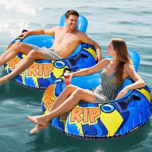 SULDUO 53" Heavy Duty River Tube with Premium Canvas Cover -2 Pack, Inflatable Water Tubes for Floating, Tubing Floats for River Pool Lake, River Rafts with 2 Cup Holders, 2 Grip Handles for Adults - Image 1