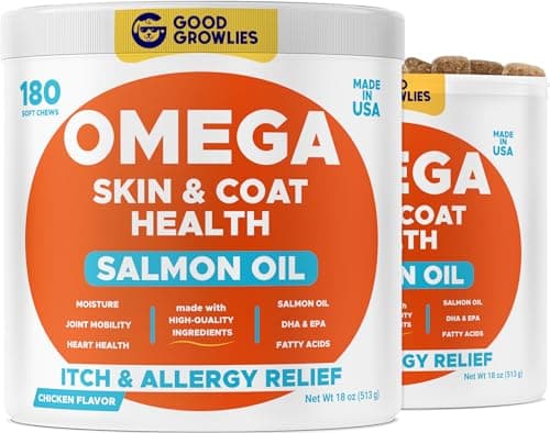 GOODGROWLIES Omega 3 Fish Oil for Dogs (360Ct) - Skin&Coat Chews - Dry & Itchy Skin Relief + Allergy Support - Shiny Coat - EPA&DHA Fatty Acids - Salmon Oil Chews Promotes Heart, Hip & Joint Support - Image 1