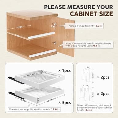 Seinloes 6 Pack Pull Out Cabinet Organizers 21" Deep With Raising Pad for Framed Cabinets, Expandable Slide Out Drawers with 4pcs Divider Racks, Roll Out Shelves, Adjustable Width 12"-20.45" White - Image 4