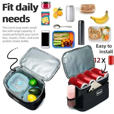 BEIMILY Lunch Box for Men/Women, Small Insulated Lunch Bag, Leak-Proof Soft Cooler Tote Bag, Reusable LunchBox for Work, Travel, Fitness, Picnic with Adjustable Shoulder Strap for Adults (Black) - Image 4