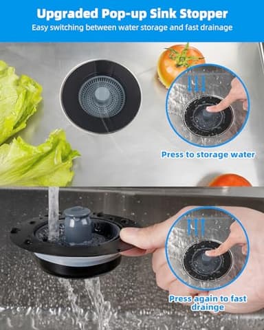Hibbent 2 Pack 3 in 1 Kitchen Sink Drain Strainer and Stopper Combo, Stainless Steel Metal Pop Up Sink Stopper, Anti-Clogging Basket Strainer with Handle for US Standard 3-1/2 Inch Drain, Black - Image 3