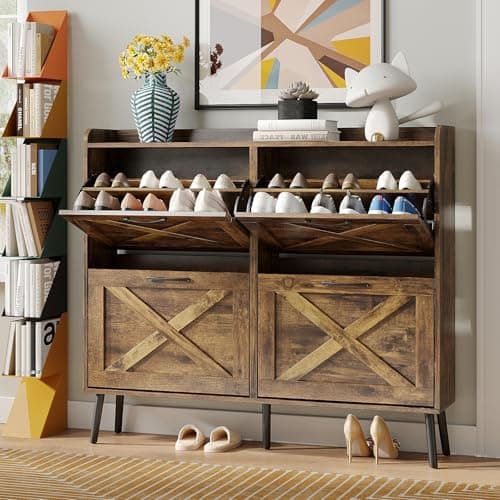 Maupvit Large Shoe Cabinet with 4 Flip Drawers, Freestanding Shoe Organizer with Metal Drawer Bracket for Entryway, Narrow Shoe Rack Cabinet, 5 Sturdy Legs, Rustic Brown - Image 1