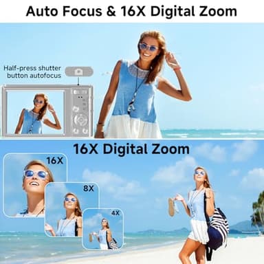 Digital Camera, FHD 4K 44MP Digital Camera, 16X Digital Zoom, Digital Point and Shoot Camera with 3-LED Fill Lights, 64GB SD Card, Compact Camera for Kids Teen Boys Girls, Sliver - Image 5