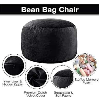 EDUJIN 3 ft Bean Bag Chair: 3' Memory Foam Bean Bag Chairs for Adults/Teens with Filling,Ultra Soft Dutch Velvet Cover, Round Fluffy Lazy Sofa for Living Room - 3Foot,Black - Image 4