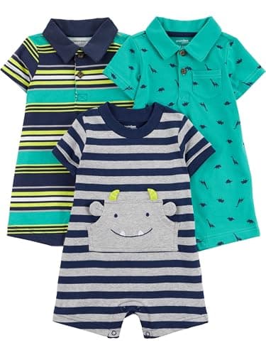 Simple Joys by Carter's Baby Boys' 3-Pack Rompers, Green Dinosaur/Navy Stripe/Yellow Stripe, 12 Months - Image 1