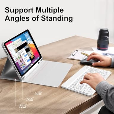 kenke for iPad 11/10th Gen Case with Keyboard 11/10.9 inch 2025 A16/2022, Detachable Wireless Bluetooth Keyboard Case Thin & Light with Built-in Left Side Pencil Holder, White Square Keycaps (Gray) - Image 7