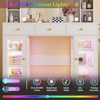 Wodeer Makeup Vanity Desk with Mirror and Lights, White Vanity with Glass Top, LED Lights & Power Outlet, 3 Drawers & 2 RGB Glass Cabinets, Adjustable Lighted Dressing Table for Women & Girls Bedroom - Image 2