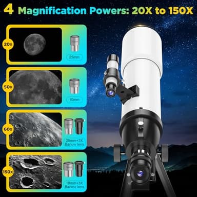 Telescope for Adults Kids High Powered: 90mm Astronomical Portable Refracting FMC Beginners Explorer Scope for Children 8-12 Travel Moon Planet Stars Gazing with Professional Tripod (White) - Image 3