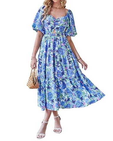 BTFBM Women Summer Dresses 2025 Casual Flowy Beach Square Neck Puff Short Sleeve Smocked Back Boho Floral Long Maxi Dress(Floral Blue, Medium) - Image 1