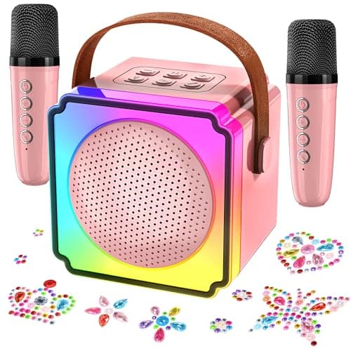 Mini Karaoke Machine with 2 Wireless Microphones, Adults Kids Toys, Gems Stickers, Portable Bluetooth Speaker, Christmas Birthday Gifts for Girls 4, 5, 6, 7, 8, 9 + Year Old (Pink) - Image 1