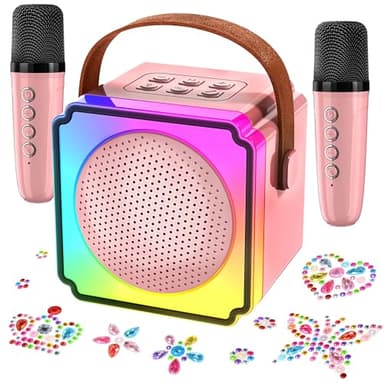 Mini Karaoke Machine with 2 Wireless Microphones, Adults Kids Toys, Gems Stickers, Portable Bluetooth Speaker, Christmas Birthday Gifts for Girls 4, 5, 6, 7, 8, 9 + Year Old (Pink) - Image 1