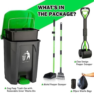 MXF Pooper Scooper Set - 28" Dog Pooper Scooper & Long Handle Stainless Metal Tray&Rake, 15 Litre Step Dog Poop Trash Can w/Removable Inner Bucket, 20 Waste Bags for Outdoors - Image 2