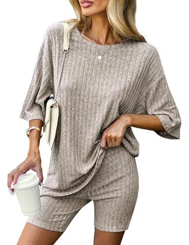 Ekouaer Pajamas 2 Piece Lounge Sets Ribbed Knit Matching Outfits T-shirt Biker Shorts Sleepwear Loungewear Sweatsuits Camel Medium - Image 1