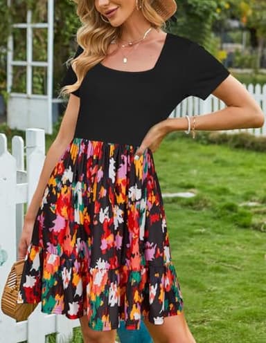 Newshows Womens 2025 Summer Dress Short/Long Sleeve Fall Dresses Business Casual Outfits A-Line Ruffle Sundress with Pockets (Black Floral Pink,L) - Image 4