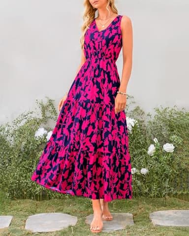 BTFBM Women Summer Dresses Casual Sleeveless Maxi Dresses Cute Floral Long Dress Wedding Guest Dress(Navy Rose Red Flower,Large) - Image 3