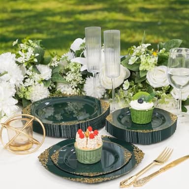 Joyido 102PCS Green and Gold Plates - Green Plastic Plate - Fancy Heavy Duty Disposable Plates - Heavyweight Disposable Dinner & Dessert Plate for 51 Guests for Party & Wedding - Image 4