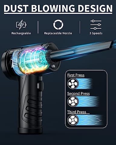 Powerful Compressed Air Duster for Deep Cleaning-Replace Compressed Air Can-No Canned Air Duster-Keyboard Cleaner-PC Cleaning-Rechargeable-3-Speeds-95000RPM Cordless Air Blower-Car Duster 8000mAh - Image 2