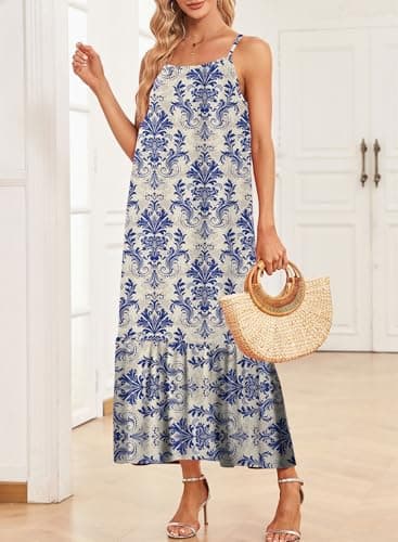 Dokotoo Summer Dresses for Women 2025 Scoop Neck Boho Dress Spaghetti Strap Sleeveless Beach Dress Ruffle A Line Maxi Dress Beach Vacation Essentials Small Sky Blue - Image 3