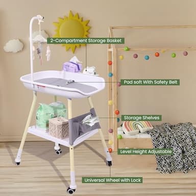 Sierjian Baby Changing Table, Adjustable Height Diaper Changing Station with Baby Crib Mobile, Changing Pad, Nursery Organizer and Large Storage Rack for Infant and Newborn - Image 4
