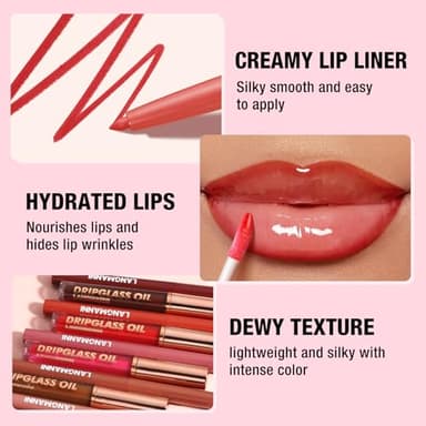 BestLand 12pcs Hydrating Lip Oils + Lip Liner Pencil Lip Combo Sets, 24H Long-Lasting Lip Kit with Lip Liner and Gloss, Nourishing, Non-Sticky Tinted Stain Lip Gloss Plumping Lip Oil Set for Women - Image 6