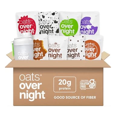 Oats Overnight Party Variety Pack - High Protein, High Fiber Breakfast Protein Shake - Gluten Free Oatmeal, Non GMO Oatmeal - Cookies & Cream, Coconut Cream Pie & More Flavors (8 Pack + Shaker Bottle) - Image 1