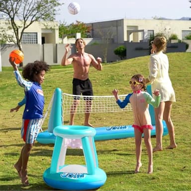 JOYIN XL Inflatable Pool Float Set, 125'' Volleyball Net & Basketball Hoops, Extra Large Floating Swimming Game Toy for Kids and Adults, Summer Floaties, Volleyball Court|Basketball, XL-Blue, Cyan - Image 2