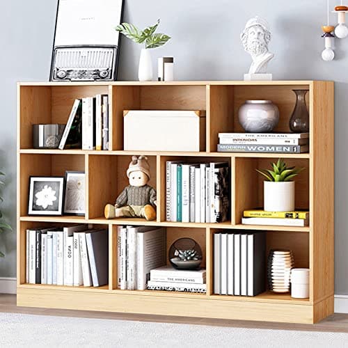 IOTXY Open Shelf Low Bookcase - Wooden 3-Tier Floor Standing Display Cabinet Organizer with Base, 10 Cubes Short Horizontal Bookshelf in Pear Yellow - Image 1