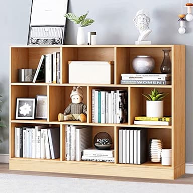 IOTXY Open Shelf Low Bookcase - Wooden 3-Tier Floor Standing Display Cabinet Organizer with Base, 10 Cubes Short Horizontal Bookshelf in Pear Yellow - Image 1