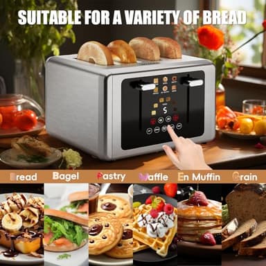 whall 4 Slice Touch Screen Toaster, Stainless Steel Toasters Digital Timer, Dual Control Panel Toasters，6 Shade Settings＆6 Bread Types, Smart Wide Slots, Bagel, Cancel, Defrost,Flat lever Stainless - Image 4