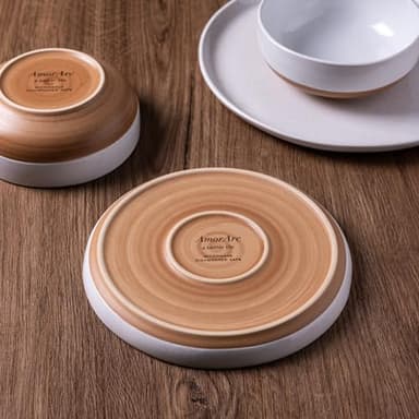 AmorArc 32 Pieces Ceramic Dinnerware Sets for 8, Handpainted Plates and Bowls Set with Rustic Terracotta Underside, Scratch Resistant Stoneware Dishes Set, Dishwasher & Microwave Safe, White - Image 3