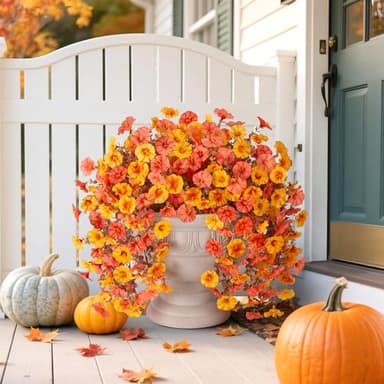 2 PCS Artificial Faux Fall Hanging Flowers Plants for Outdoor Decor,Fake Silk Morning Glory with Eucalyptus UV Resistant Mums for Wall Home Porch Patio Balcony Yard Indoor Decor (Fall Orange+Yellow) - Image 6