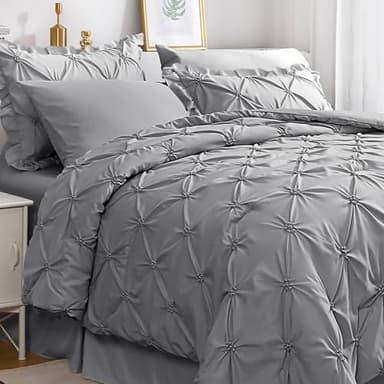 JOLLYVOGUE Grey Queen Comforter Set, 7 Pieces Pintuck Comforters Queen Size, Bed in a Bag Queen Comforter for Bedroom, Bedding Comforter Sets with Comforter, Sheets, Ruffled Shams & Pillowcases - Image 1