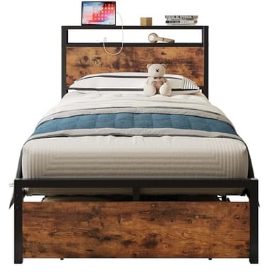 LIKIMIO Twin XL Bed Frames with Drawer, Storage Headboard with Outlets, No Box Spring Needed, Easy Assembly, Vintage Brown - Image 9