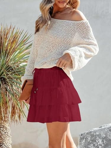Aoudery Flowy Shorts for Women Boho Ruffled Tiered Skorts Casual High Waist Mini Skirts Tennis Golf Comfy Shorts 2025 - Wine Red L - Image 4