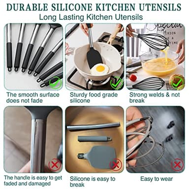 Silicone Cooking Utensil Set, Umite Chef 15pcs Silicone Cooking Kitchen Utensils Set, Non-stick - Best Kitchen Cookware with Stainless Steel Handle - Black - Image 3