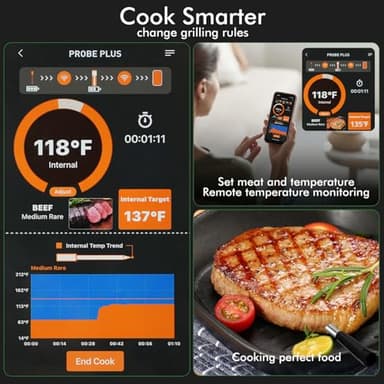 Smart Wireless Meat Thermometer 4 Probes, Bluetooth Food Thermometer, Remote Tracking and Real-Time Readings from Apps, for iOS and Android, for BBQ, Grill, Smoker, Nigogor Heat-Resistant Probes - Image 2