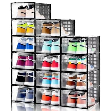 Clemate 15 Pack Shoe Storage Boxes, Clear Plastic Stackable Shoe Organizer for Closet, Shoe Box with Magnetic Door, Foldable Shoe Storage Bin, Sneaker Storage Box Shoe Rack Container Holder, Size 11 - Image 1