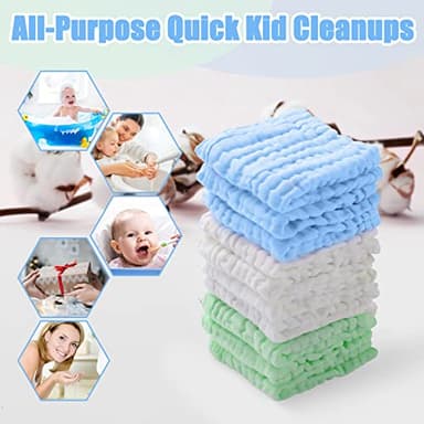 MUKIN Muslin Washcloths - Soft Face Cloths for Newborn, Absorbent Bath Face Towels, Wipes, Burp Cloths, Baby Registry as Shower. Pack of 10 (Green,Blue,White) - Image 4
