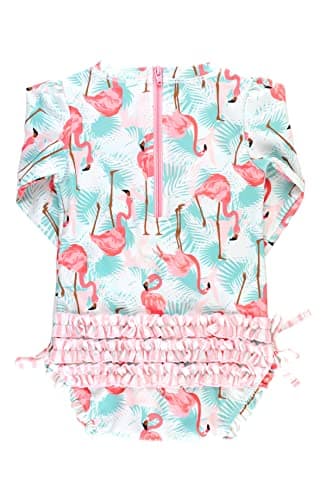 RuffleButts Baby Girls UPF 50+ Sun Protection Tropical Print Long Sleeve One Piece Rash Guard Swimsuit with Zipper - Vibrant Flamingo, 2T - Image 4