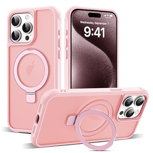 SKYLMW Compatible with iPhone 15 Pro Case with Invisible Magnetic O-Ring Stand Military-Grade Translucent Case for iPhone 15 Pro 6.1" [Compatible with MagSafe][Great Grip Feeling], Pink - Image 1