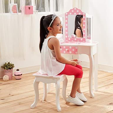 Teamson Kids Princess Gisele Polka Dot Print 2-Piece Kids Wooden Play Vanity Set with Vanity Table, Tri-Fold Mirror, Storage Drawer, and Matching Stool, White with White/Pink Polka Dot Accent - Image 2