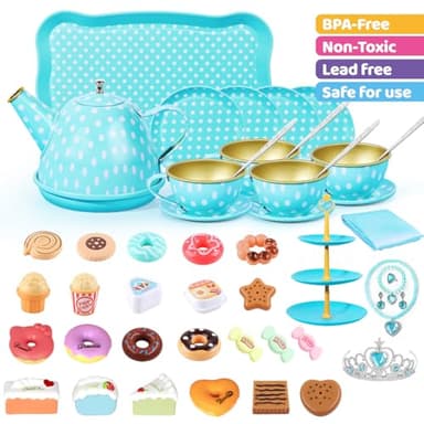 Tea Party Set for Little Girls, 49PCS Princess Tea Time Toys Including Tea Set Dessert Carrying Case, Kids Kitchen Pretend Playset (Bunny Tea Party Set Blue) - Image 3