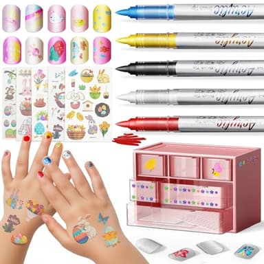 Nail Art Pens Set, DIY Kids Nail Art Kits with Nail Accessories 3D Press-On Nail, Clear Fake Nail Tips, DIY Sticker Nail Drawing Painting Pen for Salon Toys Gifts Toys for Girls - Image 1