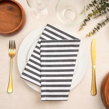 Blue Needles Striped Cloth Napkins 100% Cotton Set of 12 Dinner Table Napkins 18x18 inches, Soft, Reusable & Washable, Ideal for Spring, Summer, Events & Everyday Use - Black and White - Image 4